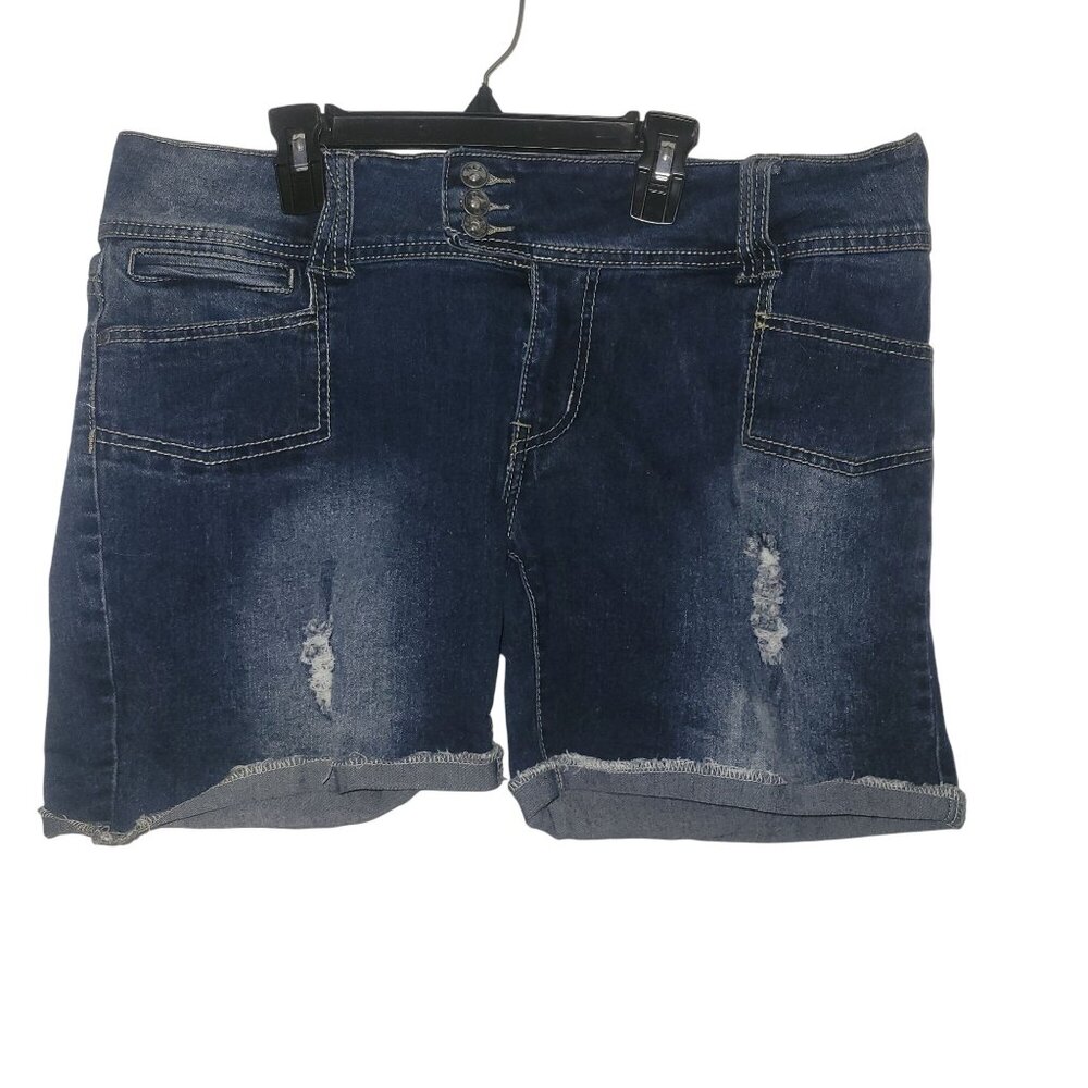 Red Rivet Womens Distressed Denim Shorts Size 17 Button Fly Raw Hem Blue Stretch